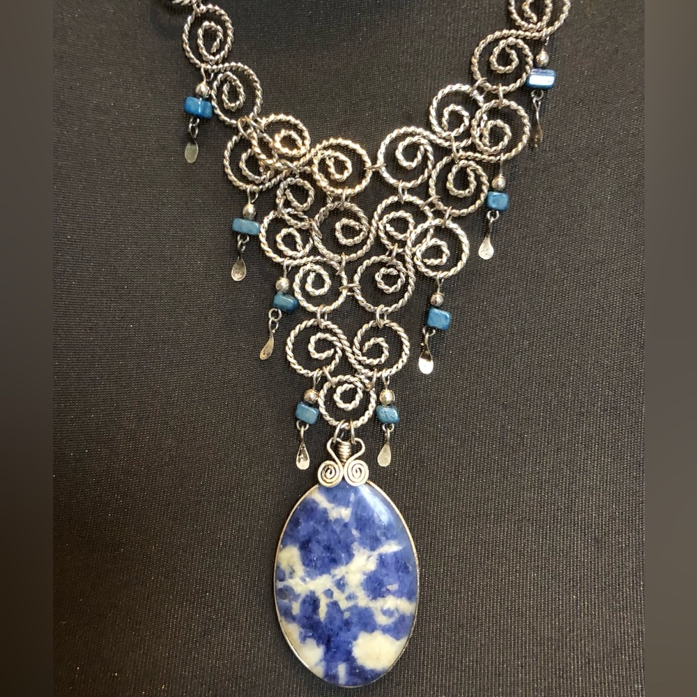 Vintage Boho Artisan Made Silver Tone Scrollwork Necklace w/ Blue Sodalite Stone